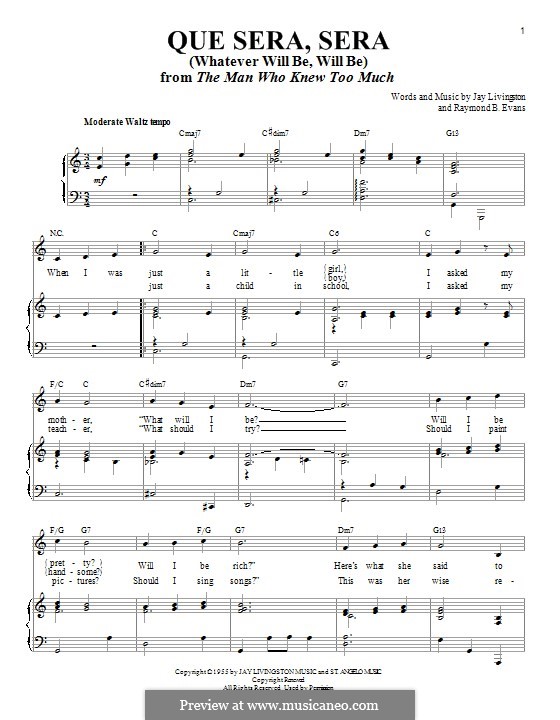 Que Sera, Sera (Whatever Will Be, Will Be): Für Stimme und Klavier by Jay Livingston, Raymond Evans