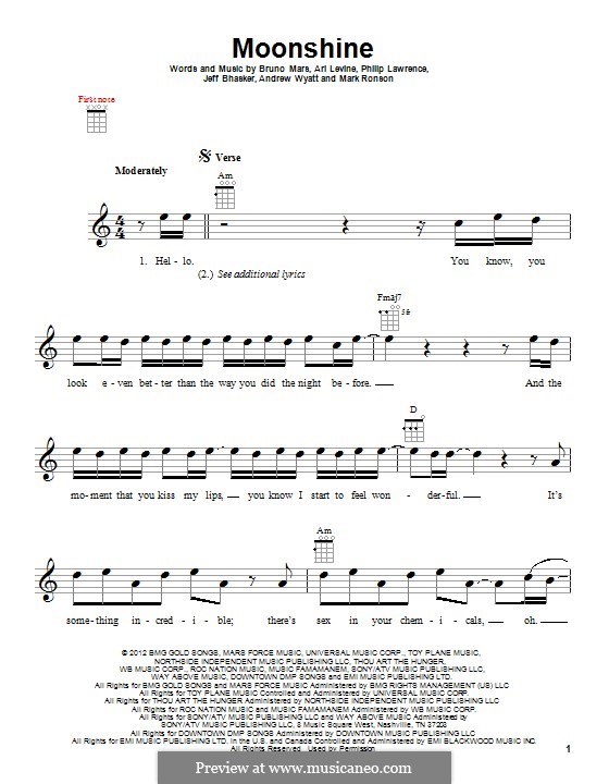 Moonshine: Für Ukulele by Andrew Wyatt, Ari Levine, Jeff Bhasker, Mark Ronson, Bruno Mars, Philip Lawrence