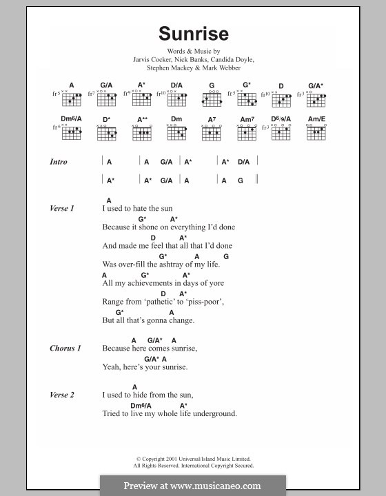 Sunrise (Pulp): Texte und Akkorde by Candida Doyle, Jarvis Cocker, Mark Webber, Nick Banks, Stephen Mackey