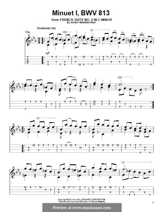 Suite Nr.2 in c-Moll, BWV 813: Minuet No.1. Arrangement for ukulele by Johann Sebastian Bach