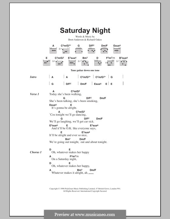 Saturday Night (Suede): Texte und Akkorde by Brett Anderson, Richard Oakes