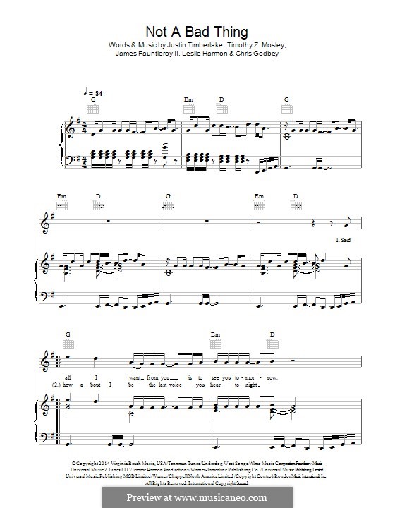 Not a Bad Thing: Für Stimme und Klavier (oder Gitarre) by James Fauntleroy II, Justin Timberlake, Timbaland, Chris Godbey, Leslie Harmon