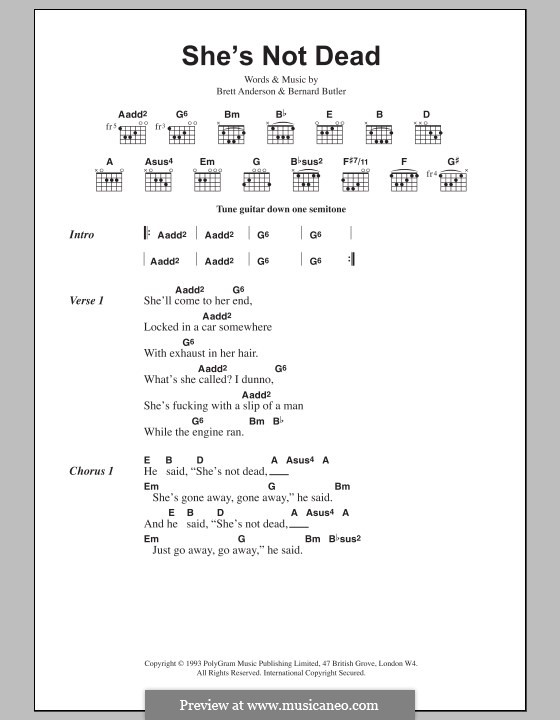 She's not Dead (Suede): Texte und Akkorde by Bernard Butler, Brett Anderson