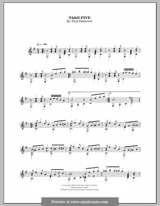 Take Five (Dave Brubeck): Für Gitarre mit Tab by Paul Desmond