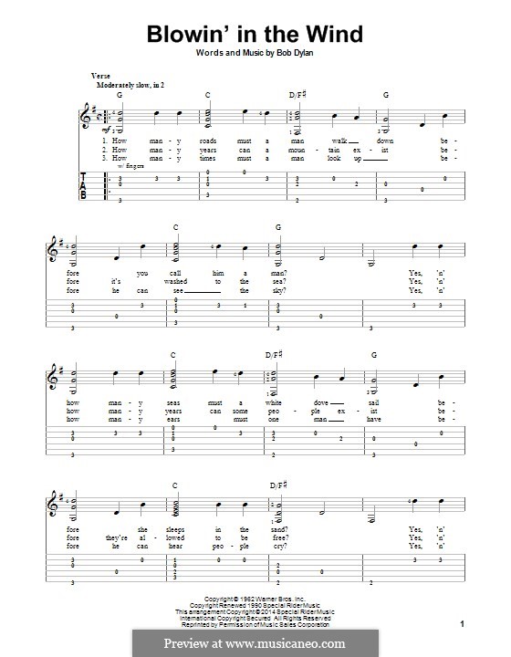 Blowin' in the Wind: Für Gitarre mit Tab by Bob Dylan