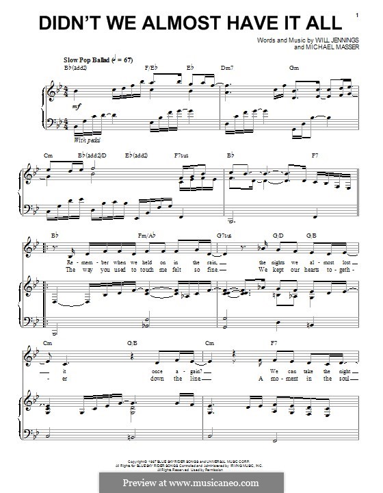 Didn't We Almost Have It All (Whitney Houston): Für Stimme und Klavier by Michael Masser, Will Jennings