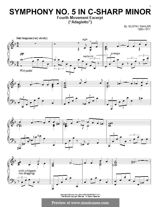 Sinfonie Nr.5 in cis-Moll: Movement IV (Excerpt), for piano by Gustav Mahler