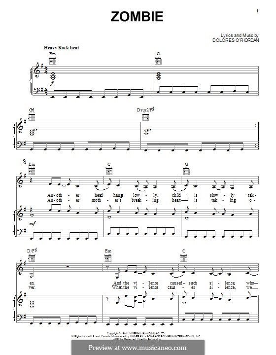 Zombie (The Cranberries): Für Stimme und Klavier (oder Gitarre) by Dolores O'Riordan