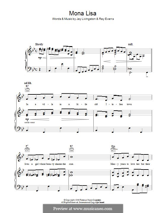 Mona Lisa (Nat King Cole): Für Stimme und Klavier (oder Gitarre) by Jay Livingston, Raymond Evans