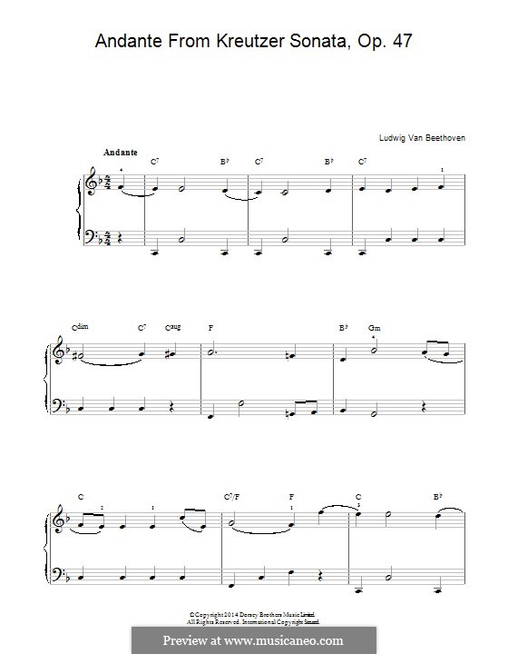 Sonate für Violine und Klavier Nr.9 'Kreutzer', Op.47: Teil II (Thema). Version für Klavier by Ludwig van Beethoven