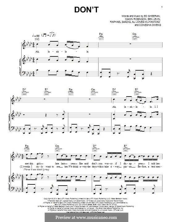 Don't: Für Stimme und Klavier (oder Gitarre) by Ed Sheeran, Ali Jones-Muhammad, Benjamin Levin, Raphael Saadiq, Conesha Owens, Dawn Robinson