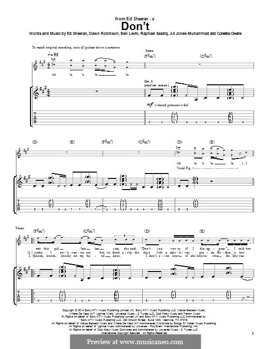 Don't: Für Gitarre mit Tab by Ed Sheeran, Ali Jones-Muhammad, Benjamin Levin, Raphael Saadiq, Conesha Owens, Dawn Robinson