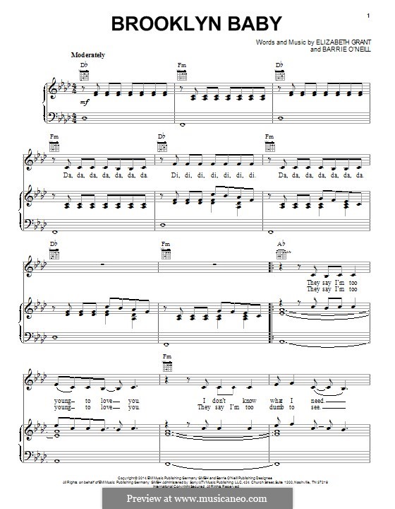 Brooklyn Baby (Lana del Rey): Für Stimme und Klavier (oder Gitarre) by Elizabeth Grant, Barrie O'Neill