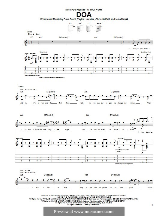 DOA (Foo Fighters): Für Gitarre mit Tab by Christopher Shiflett, David Grohl, Nate Mendel, Taylor Hawkins