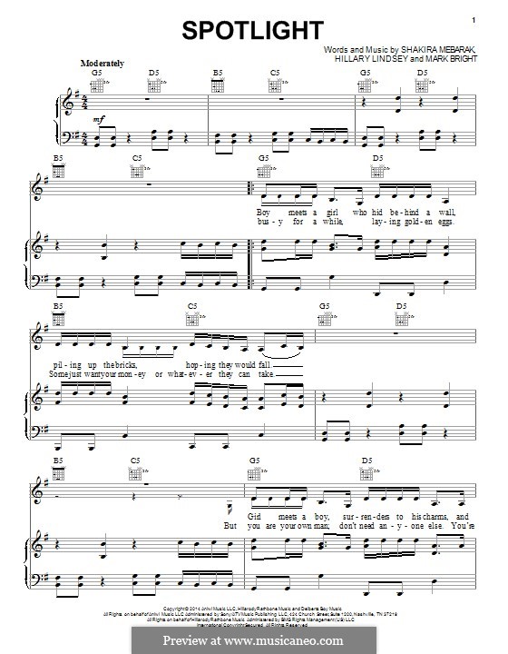 Spotlight (Shakira): Für Stimme und Klavier (oder Gitarre) by Shakira, Hillary Lindsey, Mark Bright