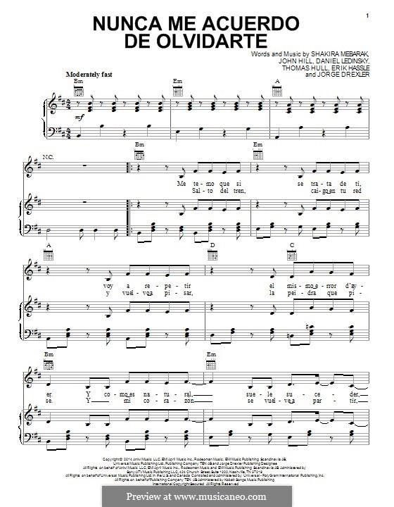 Nunca me Acuerdo de Olvidarte (Shakira): Für Stimme und Klavier (oder Gitarre) by Shakira, Erik Hassle, Jorge Drexler, Tom Hull, John Hill, Daniel Ledinsky