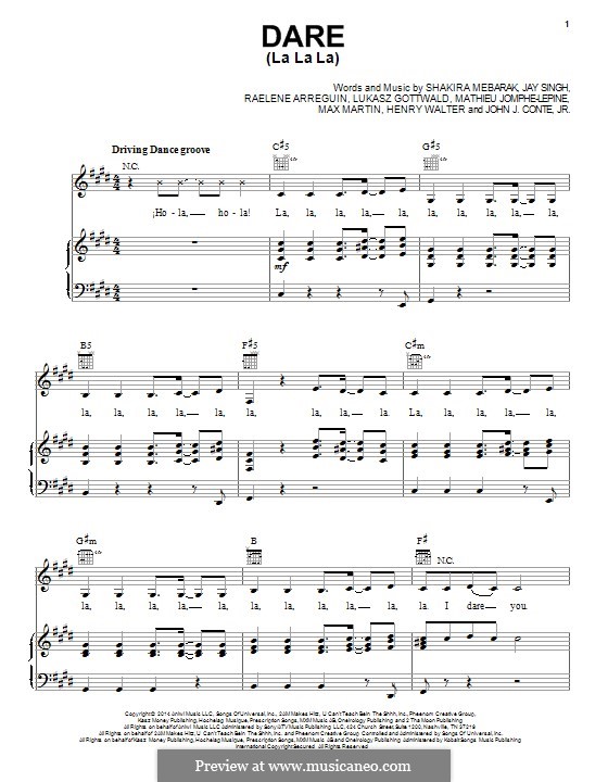 Dare (La La La): Für Stimme und Klavier (oder Gitarre) by Shakira, Lukas Gottwald, Mathieu Jomphe, Max Martin, Henry Russell Walter, Jay Singh, John J. Conte, Jr., Raelene Arreguin