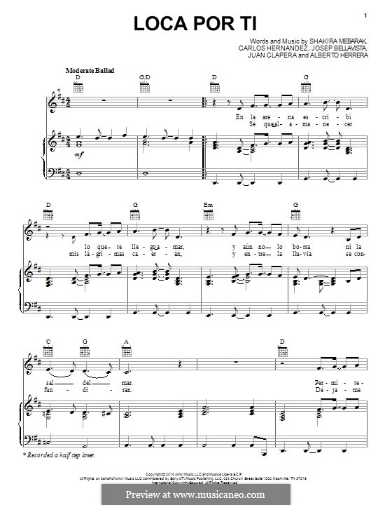 Loca Por Ti (Shakira): Für Stimme und Klavier (oder Gitarre) by Shakira, Alberto Herrera, Carlos Hernandez, Josep Bellavista, Juan Clapera