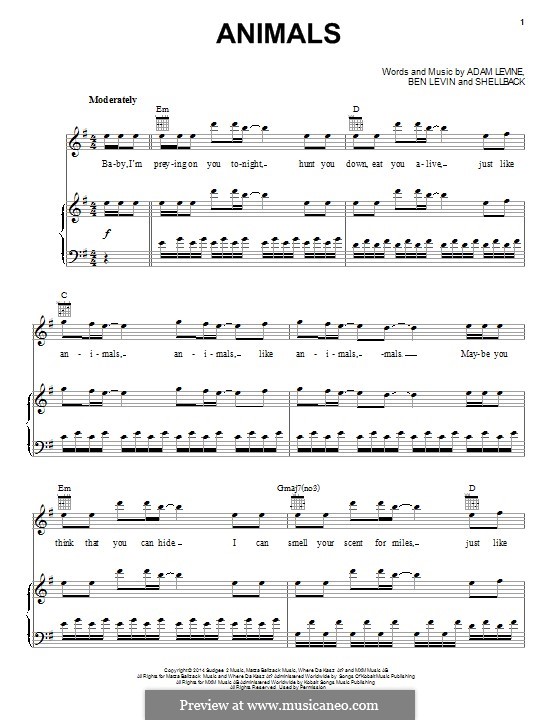 Animals (Maroon 5): Für Stimme und Klavier (oder Gitarre) by Shellback, Adam Levine, Benjamin Levin
