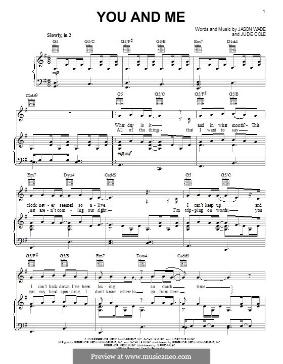 You and Me (Lifehouse): Für Stimme und Klavier (oder Gitarre) by Jason Wade, Jude Cole
