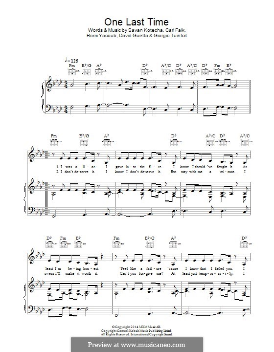 One Last Time: Für Stimme und Klavier (oder Gitarre) by Carl Falk, David Guetta, Giorgio Tuinfort, Rami Yacoub, Savan Kotecha