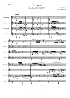Trio für Klarinette, Bratsche (oder Violine) und Klavier in Es-Dur 'Kegelstatt', K.498: Arranged for clarinet quartet by Wolfgang Amadeus Mozart