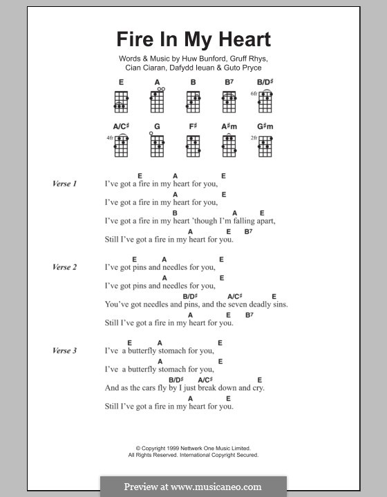 Fire in My Heart (Super Furry Animals): Für Ukulele by Cian Ciaran, Dafydd Ieuan, Gruff Rhys, Guto Pryce, Huw Bunford