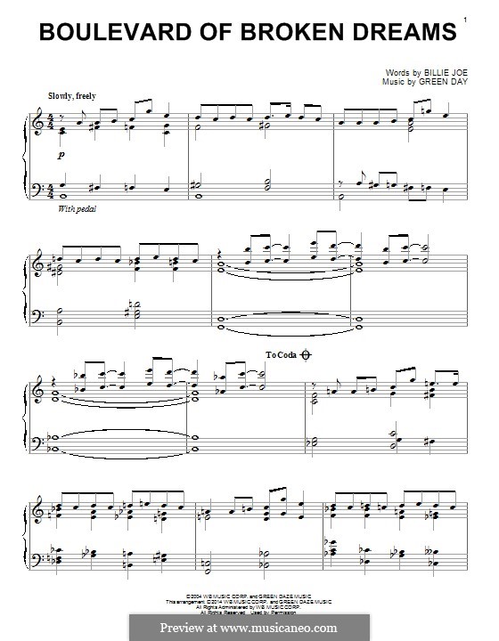 Boulevard of Broken Dreams (Green Day): Für Klavier by Billie Joe Armstrong, Tré Cool, Michael Pritchard