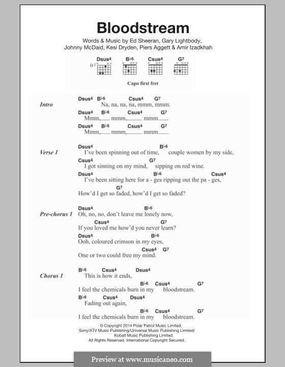 Bloodstream: Texte und Akkorde by Ed Sheeran, Gary Lightbody, John McDaid, Amir Izadkhah, Kesi Dryden, Piers Aggett