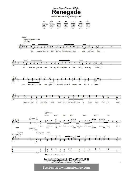 Renegade (Styx): Für Gitarre mit Tab by Tommy Shaw