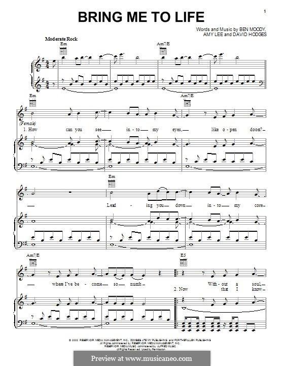 Bring Me to Life (Evanescence): Für Stimme und Klavier (oder Gitarre) by Amy Lee, Ben Moody, David Hodges