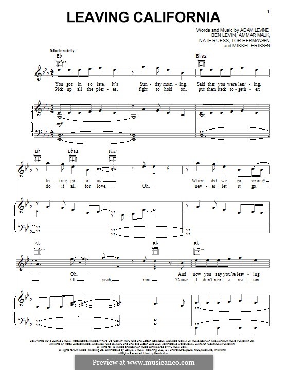 Leaving California (Maroon 5): Für Stimme und Klavier (oder Gitarre) by Adam Levine, Ammar Malik, Benjamin Levin, Mikkel Storleer Eriksen, Tor Erik Hermansen, Nathaniel Ruess