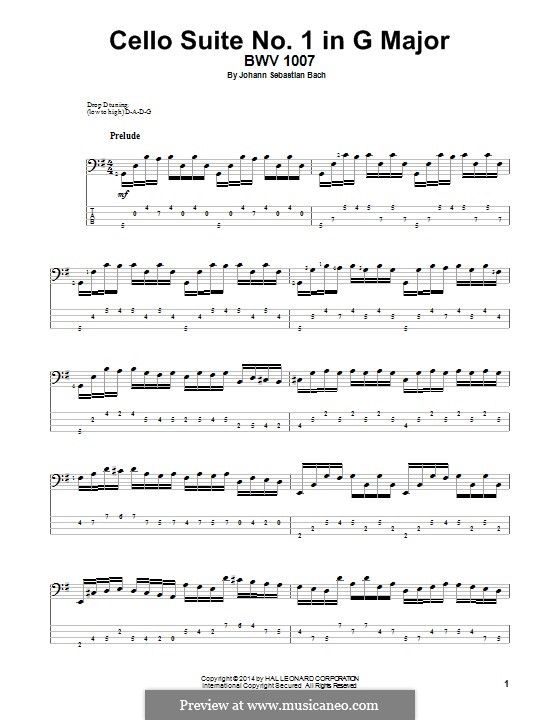 Suite für Cello Nr.1 in G-Dur, BWV 1007: Arrangement for bass guitar with tab by Johann Sebastian Bach