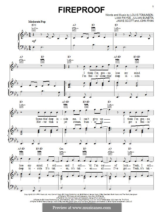 Fireproof (One Direction): Für Stimme und Klavier (oder Gitarre) by Julian Bunetta, Jamie Scott, Louis Tomlinson, Liam Payne, John Henry Ryan