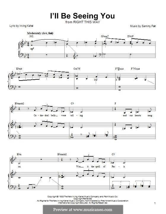 I'll Be Seeing You: Für Stimme und Klavier (oder Gitarre) by Irving Kahal, Sammy Fain
