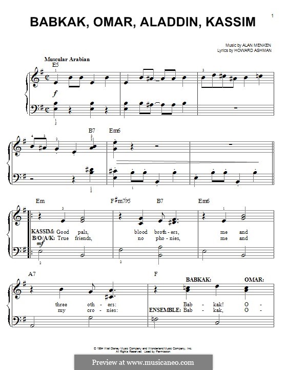 Babkak, Omar, Aladdin, Kassim (from Aladdin): Für Klavier by Alan Menken