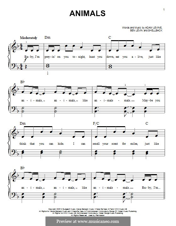 Animals (Maroon 5): Für Klavier by Shellback, Adam Levine, Benjamin Levin