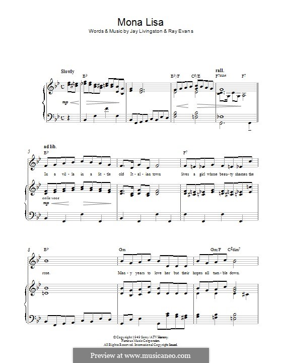 Mona Lisa (Nat King Cole): Für Stimme und Klavier (oder Gitarre) by Jay Livingston, Raymond Evans