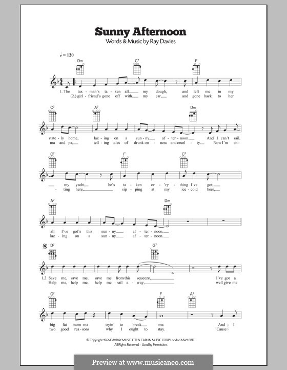 Sunny Afternoon (The Kinks): Für Ukulele by Ray Davies