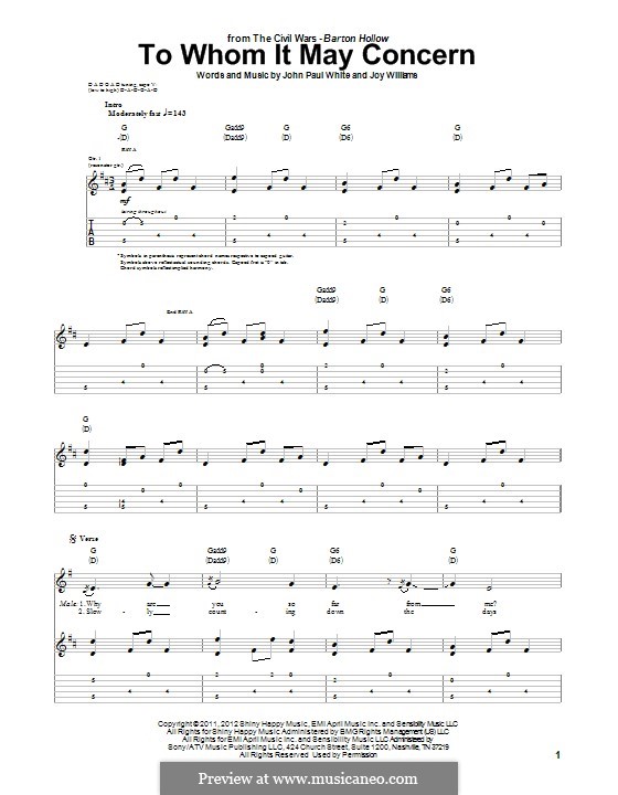 To Whom It May Concern (The Civil Wars): Für Gitarre mit Tabulatur by John Paul White, Joy Williams