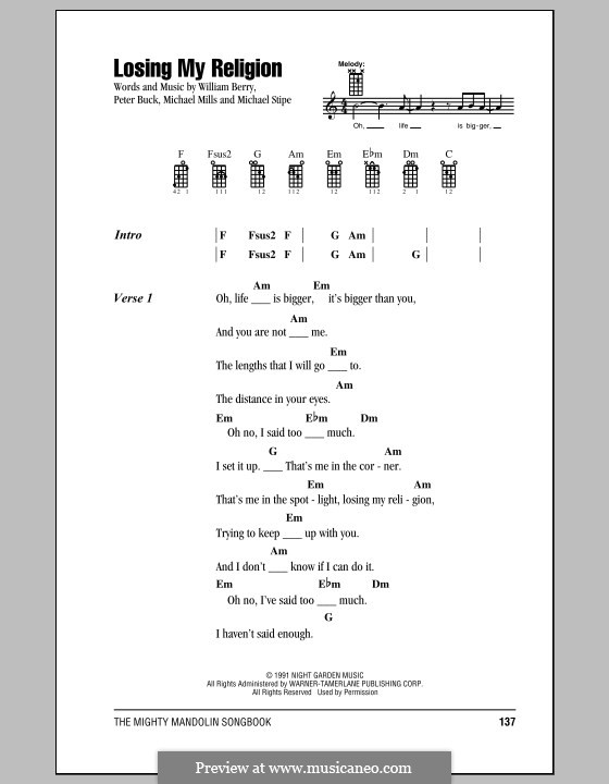 Losing My Religion (R.E.M.): For mandolin by Mike Mills, Michael Stipe, Peter Buck, William Berry