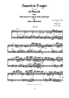 Konzert für Violine, Streicher und Basso Continuo Nr.2 in E-Dur, BWV 1042: Movement II Adagio, for piano by Johann Sebastian Bach