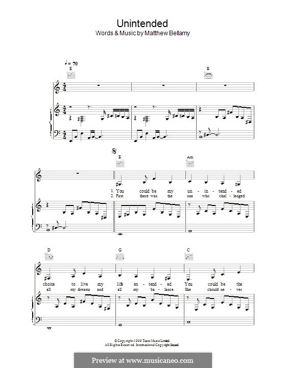 Unintended (Muse): Für Stimme und Klavier (oder Gitarre) by Matthew Bellamy