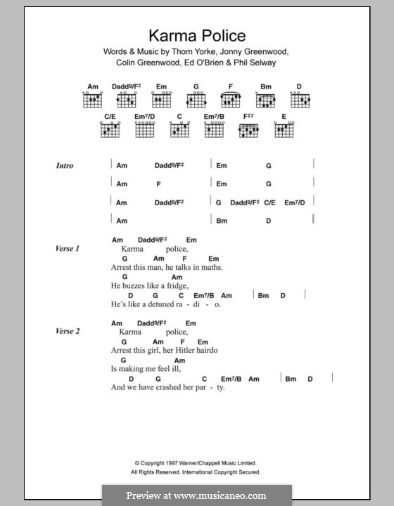 Karma Police (Radiohead): Text und Akkorde by Colin Greenwood, Ed O'Brien, Jonny Greenwood, Phil Selway, Thomas Yorke