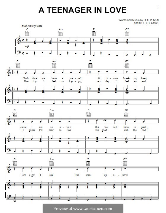 A Teenager in Love (Dion and The Belmonts): Für Stimme und Klavier (oder Gitarre) by Doc Pomus, Mort Shuman