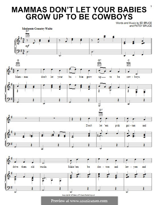 Mammas don't Let Your Babies Grow Up To Be Cowboys (Waylon Jennings & Willie Nelson): Für Stimme und Klavier (oder Gitarre) by Ed Bruce, Patsy Bruce