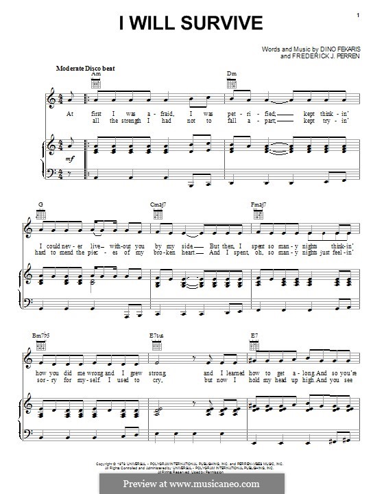 I Will Survive (Gloria Gaynor): Für Stimme und Klavier (oder Gitarre) by Dino Fekaris, Freddie Perren