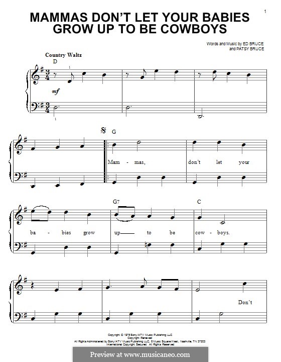Mammas don't Let Your Babies Grow Up To Be Cowboys (Waylon Jennings & Willie Nelson): Für Klavier by Ed Bruce, Patsy Bruce