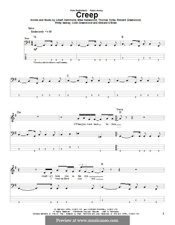 Creep (Radiohead): Für Bassgitarre mit Tabulatur by Albert Hammond, Colin Greenwood, Ed O'Brien, Jonny Greenwood, Mike Hazelwood, Phil Selway, Thomas Yorke