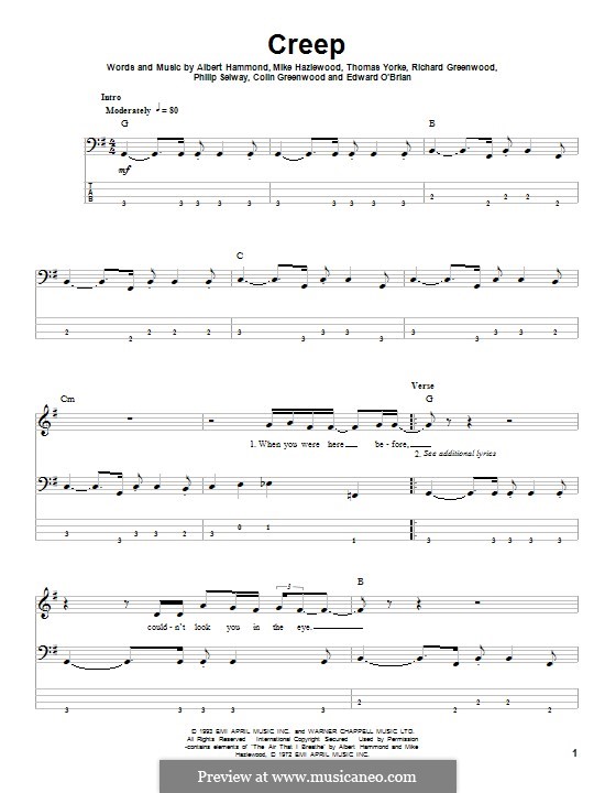 Creep (Radiohead): Für Bassgitarre mit Tabulatur by Albert Hammond, Colin Greenwood, Ed O'Brien, Jonny Greenwood, Mike Hazelwood, Phil Selway, Thomas Yorke